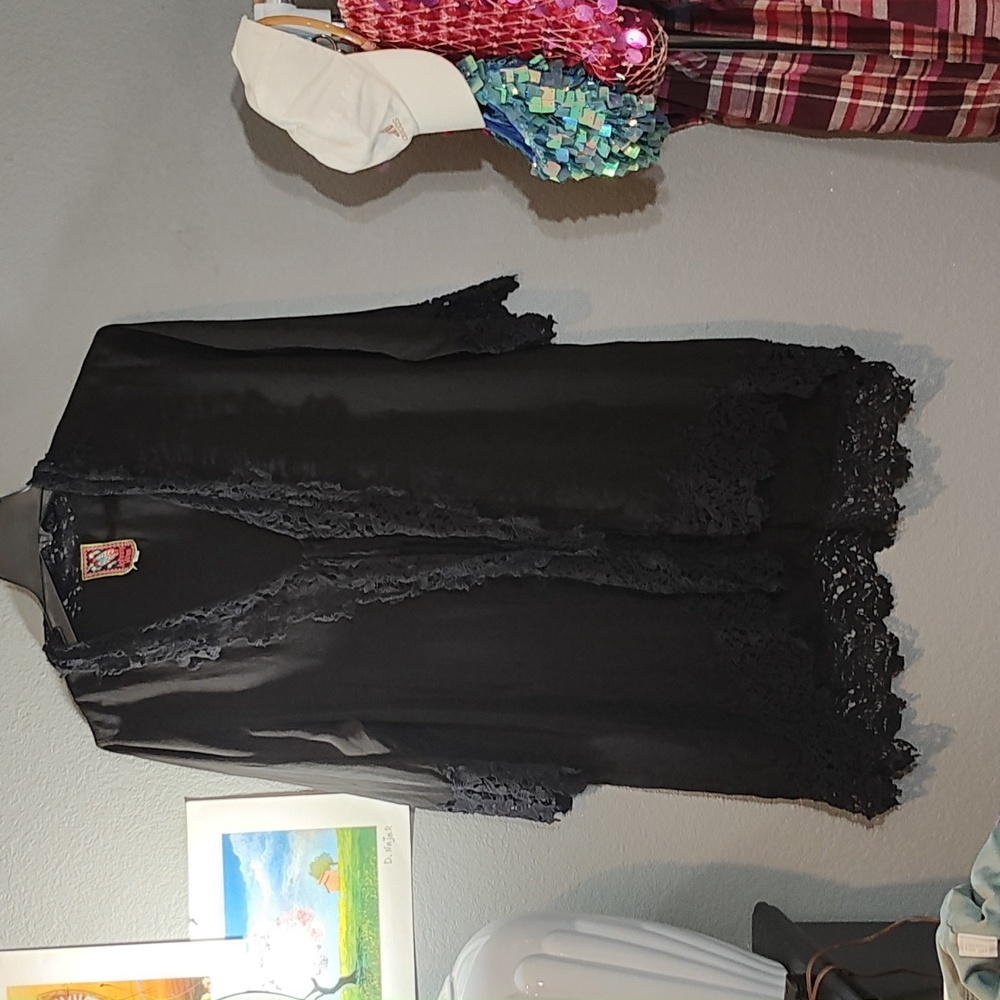 Johnny Was Kimono Black With Navy Blue Lace Trim